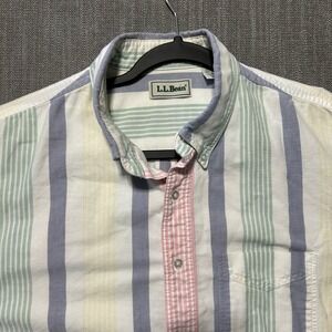 LL Bean Mens XL Short Sleeve Button Down Shirt Pastel Multi Stripe Cotton USA